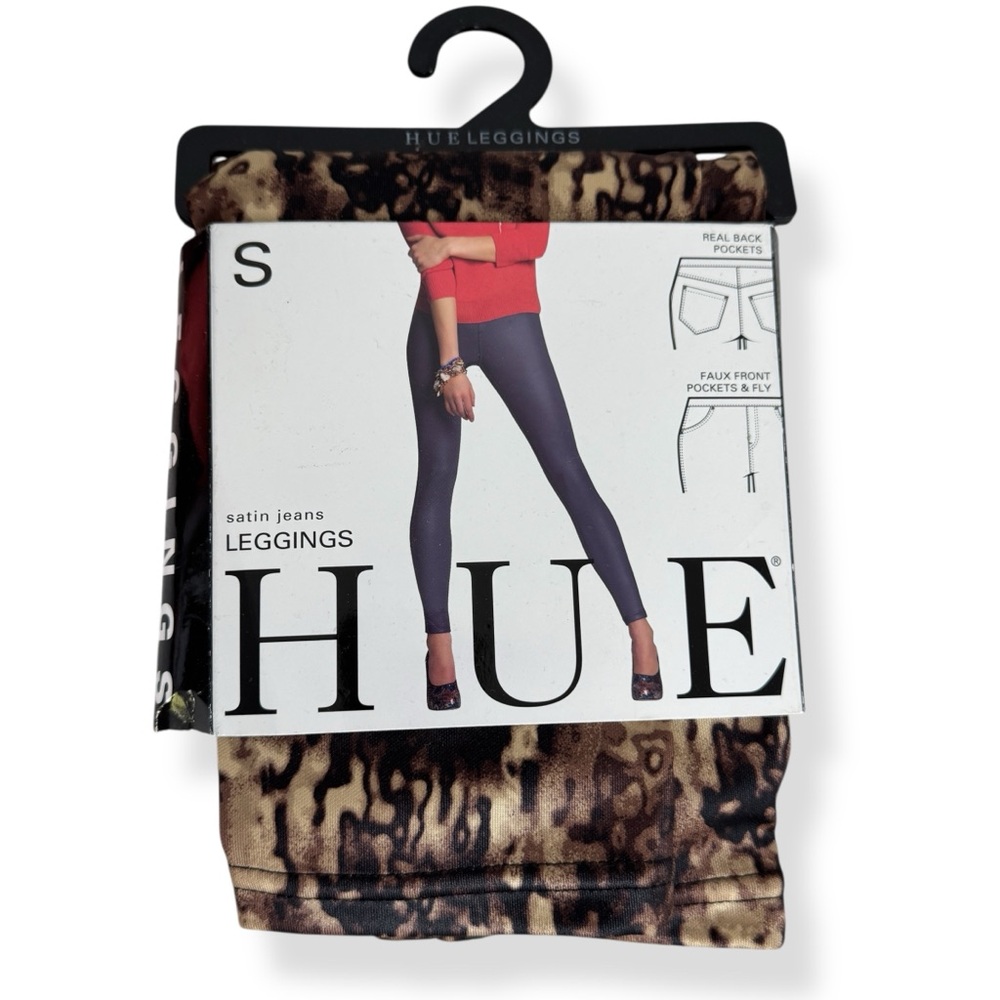 HUE Satin Leggings Womens Size S Back Pockets Brown Abstract‎ NWT